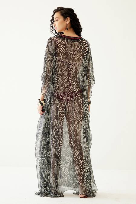 Shop Payal Jain Black Crinkle Chiffon Abstract Pattern Notched Kaftan at Aza Fashions Shop_Payal Jain_Black Crinkle Chiffon Abstract Pattern Notched Kaftan_at_Aza_Fashions