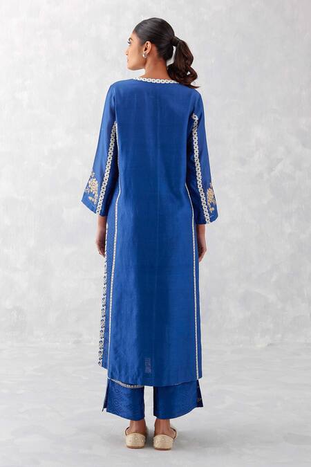 Shop_Devnaagri_Blue , Chanderi, Organza Beads, Sequins, Dori Kurta Palazzo Set _at_Aza_Fashions