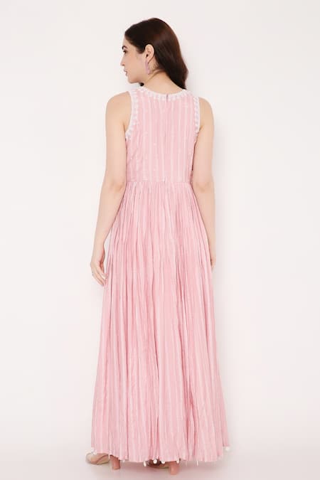 Shop Bha Sha Pink Muslin Sequins, Beads Halter Neck Ema Bandhani Print Dress at Aza Fashions Shop_Bha Sha_Pink Muslin Sequins, Beads Halter Neck Ema Bandhani Print Dress _at_Aza_Fashions