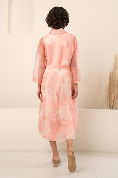 Shop Arcvsh By Pallavi Singh Pink Organza, Chanderi Embroidery Sheer Floral Bloom Print Jacket With Jumpsuit at Aza Fashions Shop_Arcvsh By Pallavi Singh_Pink Organza, Chanderi Embroidery Sheer Floral Bloom Print Jacket With Jumpsuit _at_Aza_Fashions