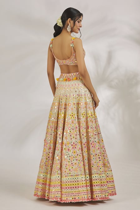 Gopi Vaid_Ivory Blouse Tussar Embroidery Floral Scoop Neck Rakul Mirror Lehenga Set _Online_at_Aza_Fashions