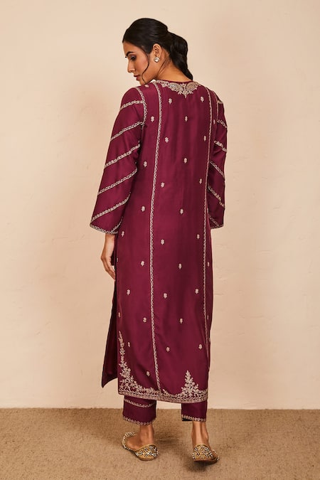 Shop_Sue Mue_Wine Silk, Chiffon Embroidery, Zari, Sequins Round Neck Kurta Pant Set _at_Aza_Fashions