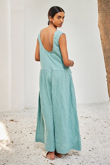 Shop_Kharakapas_Blue Linen V-neck Morning Sky Solid Jumpsuit _at_Aza_Fashions
