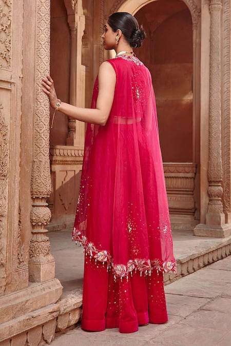 Shop_Ajiesh Oberoi_Pink Velvet, Organza Sequins, Beads V-neck Embroidered Cape And Sharara Set _at_Aza_Fashions