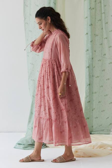 Shop Banera Pink Chanderi, Cotton Sequins High Neck Rudy Floral Vine Block Print Frill Dress at Aza Fashions Shop_Banera_Pink Chanderi, Cotton Sequins High Neck Rudy Floral Vine Block Print Frill Dress_at_Aza_Fashions