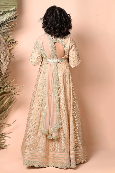 Shop_Priyanka Jain_Gold Chanderi, Net Sequins Kalidar Floral Pattern Anarkali With Dupatta _at_Aza_Fashions