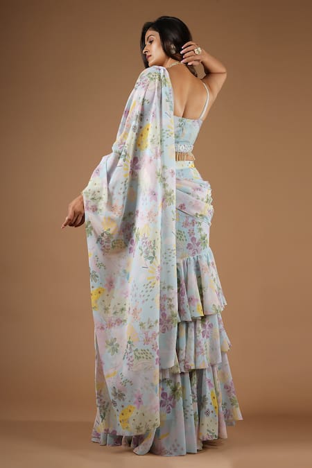 Vana Ethnics_Blue Viscose Sequins, Embroidery, Pre-draped Ruffle Saree With Corset Bustier _Online_at_Aza_Fashions