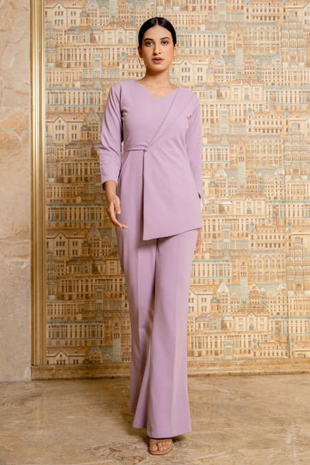 Shop B'Infinite Purple Crepe V Neck Overlapped Jumpsuit at Aza Fashions Shop_B'Infinite_Purple Crepe V Neck Overlapped Jumpsuit_at_Aza_Fashions