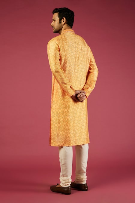 Shop Krishna Mehta Orange Tussar Printed Geometric Kurta Set at Aza Fashions Shop_Krishna Mehta_Orange Tussar Printed Geometric Kurta Set _at_Aza_Fashions