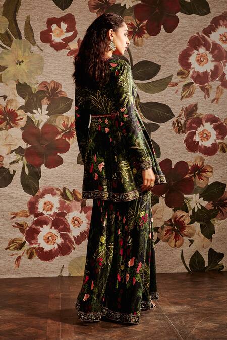 Shop_Prints By Radhika_Green Dupion Printed Floral V Neck Gharara Set _at_Aza_Fashions