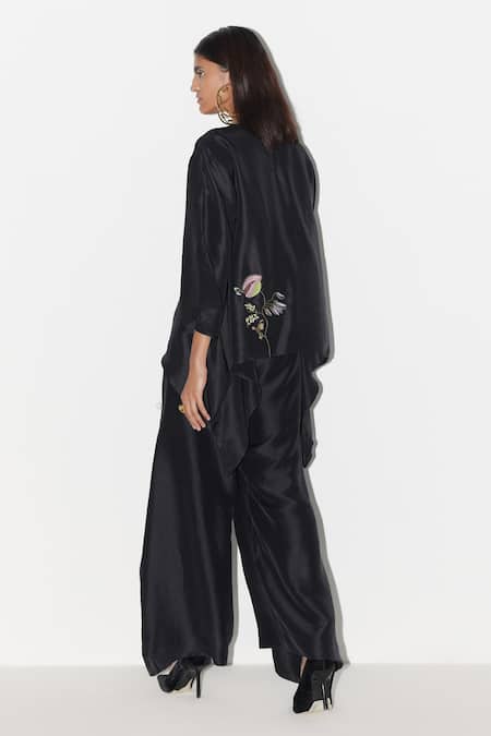 Shop Febo6 Black Silk Embroidery Round Neck Flower Vine Top at Aza Fashions Shop_Febo6_Black Silk Embroidery Round Neck Flower Vine Top _at_Aza_Fashions