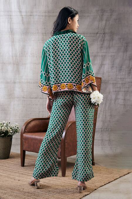 Shop_Soup By Sougat Paul_Green Crepe Embroidery Collared Taahira Checkered Print Top And Pant Set _at_Aza_Fashions