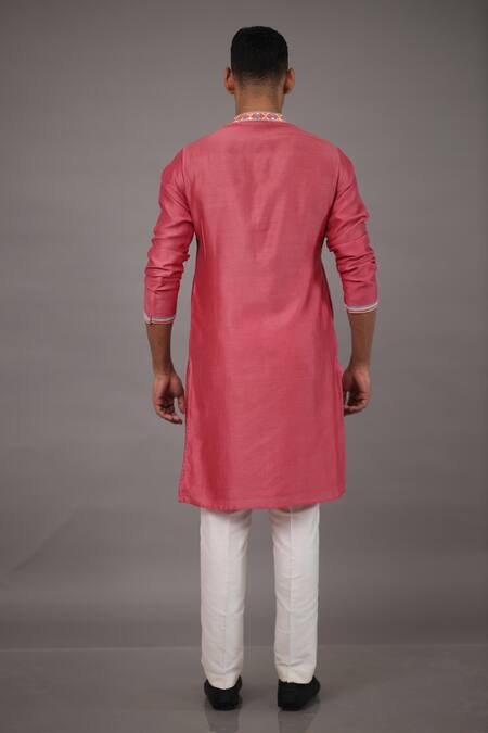 Shop_Para_Pink Chanderi Silk Hand Embroidered Thread Kurta And Pant Set_at_Aza_Fashions