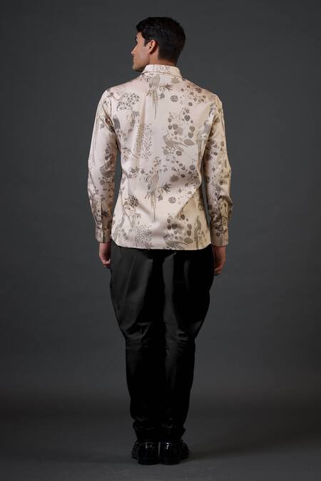 Shop_Balance By Rohit Bal_Beige Poplin, Satin Bird And Floral Print Fitted Shirt _at_Aza_Fashions