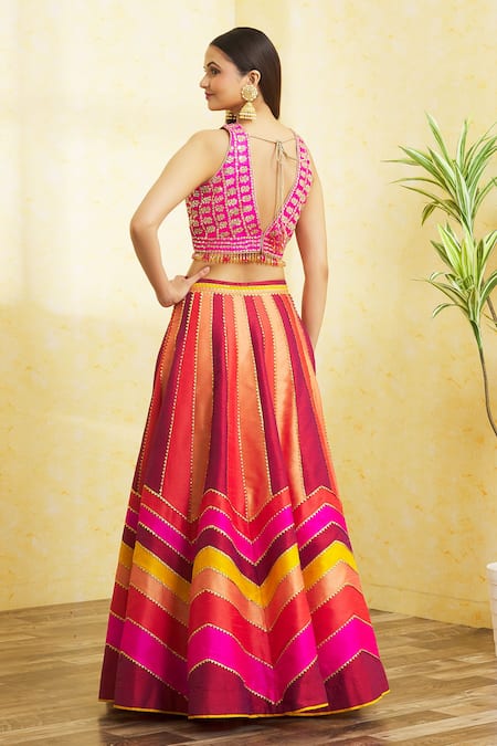 Shop Vandana Sethi Multi Color Silk Mirrors, Block Bridal Lehenga Set With Embellished Blouse at Aza Fashions Shop_Vandana Sethi_Multi Color Silk Mirrors, Block Bridal Lehenga Set With Embellished Blouse _at_Aza_Fashions