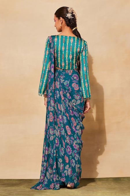 Diyarajvvir Floral Print Pre-Draped Sharara Saree With Blouse 