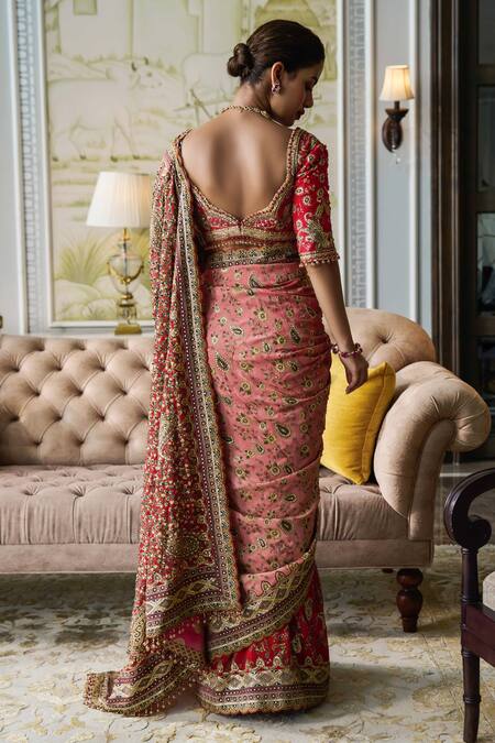 Shop_Tarun Tahiliani_Red Crepe And Silk Dupion Embroidery French Knot Paisley Print Saree With Blouse_at_Aza_Fashions