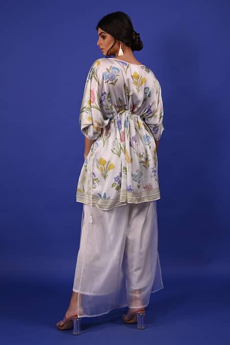 Shop_Rimi Nayak_White Modal, Satin Boat Neck Assorted Flower Print Kaftan Top _at_Aza_Fashions