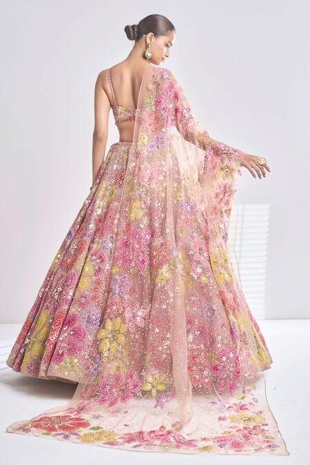 Shop_Seema Gujral_Brown Net Floral Sweetheart Neck Applique Work Bridal Lehenga Set _at_Aza_Fashions