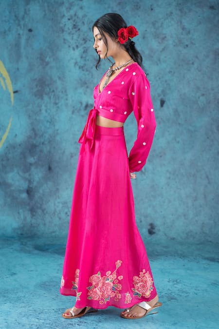 Shop Kacha Tanka Pink Cotton Satin Applique Floral V Neck Mirror Embellished Blouse And Skirt Set at Aza Fashions Shop_Kacha Tanka_Pink Cotton Satin Applique Floral V Neck Mirror Embellished Blouse And Skirt Set _at_Aza_Fashions