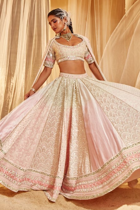 Shop House of Exotique Ivory Georgette Embroidery Round Neck Ombre Embellished Lehenga Set at Aza Fashions Shop_House of Exotique_Ivory Georgette Embroidery Round Neck Ombre Embellished Lehenga Set _at_Aza_Fashions