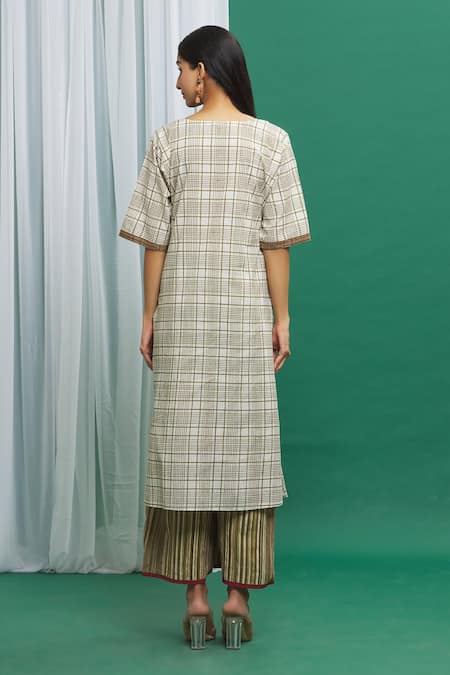 Shop_Banana Labs_Brown Cotton Tassels Round Neck Checkered Print Kurta Palazzo Set _at_Aza_Fashions