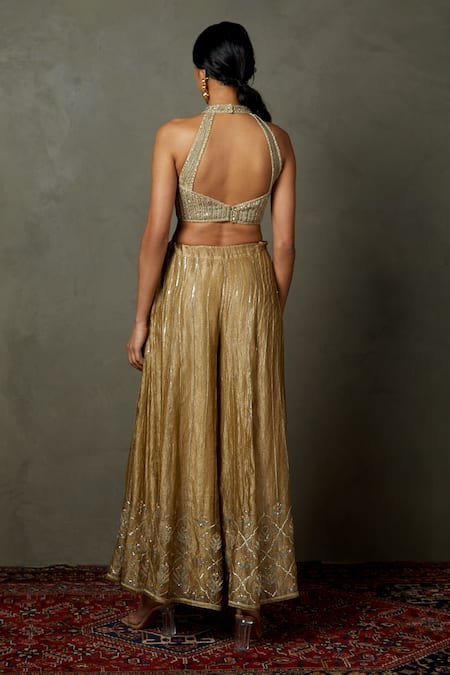 Shop RI.Ritu Kumar Gold Blouse Silk And Viscose Embroidered Zardozi Rohira With Palazzo at Aza Fashions Shop_RI.Ritu Kumar_Gold Blouse Silk And Viscose Embroidered Zardozi Rohira With Palazzo _at_Aza_Fashions