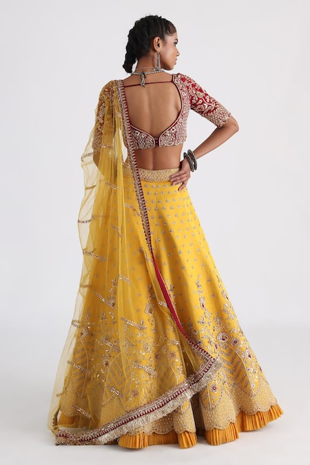 Shop_Smriti By Anju Agarwal_Maroon Crepe, Bamboo, Linen, Satin, Mustard Yellow Hand Embroidered Lehenga Set _at_Aza_Fashions