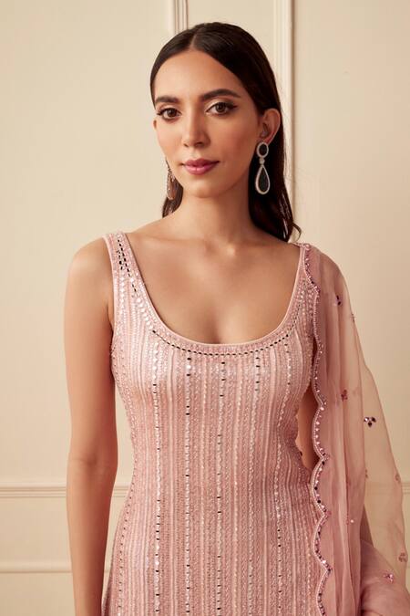 Shop Sawan Gandhi Pink Georgette Embroidered Mirror Round Kurta Sharara Set at Aza Fashions Shop_Sawan Gandhi_Pink Georgette Embroidered Mirror Round Kurta Sharara Set_at_Aza_Fashions