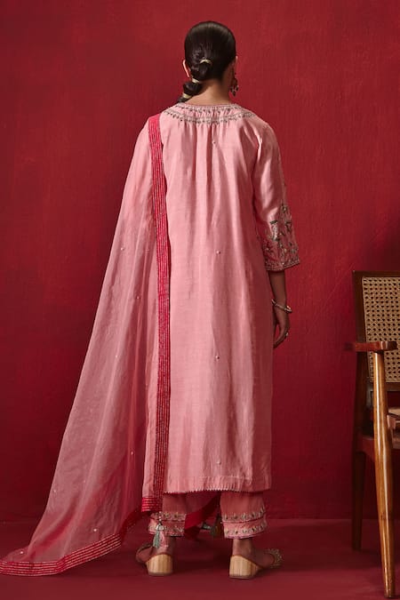 Shop Ajiesh Oberoi Pink Silk, Rayon, Organza Embroidery Round Neck Preeti Straight Long Kurta Set at Aza Fashions Shop_Ajiesh Oberoi_Pink Silk, Rayon, Organza Embroidery Round Neck Preeti Straight Long Kurta Set _at_Aza_Fashions