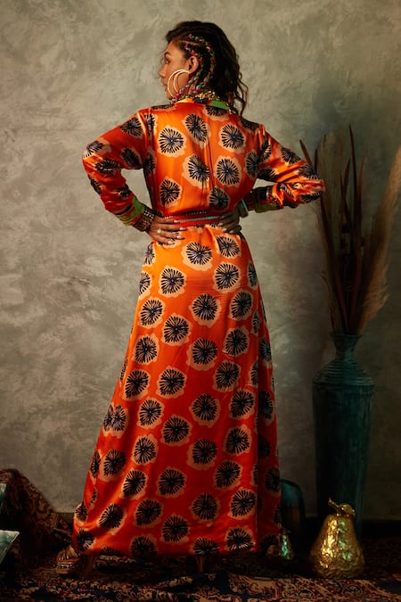Shop Esha L Amin Orange Viscose, Crepe Embroidery Shawl Abstract Flower Print Blazer Maxi Dress at Aza Fashions Shop_Esha L Amin_Orange Viscose, Crepe Embroidery Shawl Abstract Flower Print Blazer Maxi Dress _at_Aza_Fashions