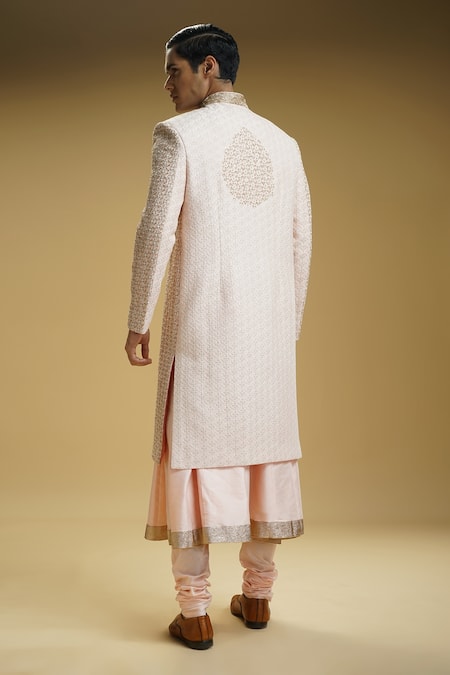 Shop Kommal Sood Pink Cotton, Silk Embroidery Sherwani Set at Aza Fashions Shop_Kommal Sood_Pink Cotton, Silk Embroidery Sherwani Set _at_Aza_Fashions