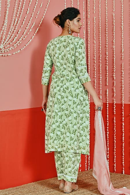 Shop Myaara Green Cotton, Kota Doria Lace, Piping Split Hand Block Rose Print Kurta Pant Set at Aza Fashions Shop_Myaara_Green Cotton, Kota Doria Lace, Piping Split Hand Block Rose Print Kurta Pant Set _at_Aza_Fashions