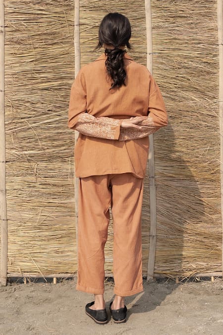 Shop Ayaka Brown Corduroy, Viscose Embroidery Long Sleeve Blazer at Aza Fashions Shop_Ayaka_Brown Corduroy, Viscose Embroidery Long Sleeve Blazer _at_Aza_Fashions