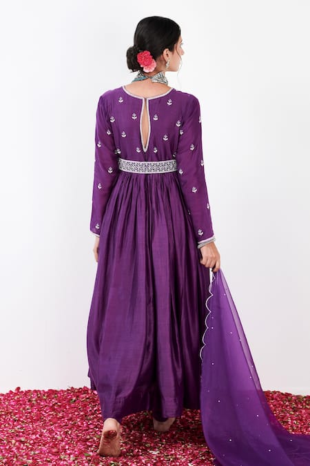 Shop Label Flamingo By Vrinda Purple Cotton, Silk, Lycra, Organza Floral Embroidered Anarkali Churidar Set at Aza Fashions Shop_Label Flamingo By Vrinda_Purple Cotton, Silk, Lycra, Organza Floral Embroidered Anarkali Churidar Set _at_Aza_Fashions