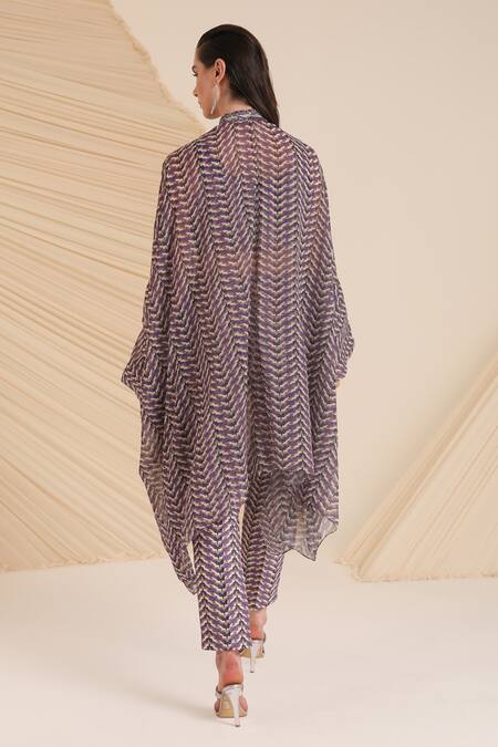 Shop_Divya Aggarwal_Purple Chiffon, Denim Embroidery, Mirrors Riley Printed Kaftan And Pant Set _at_Aza_Fashions