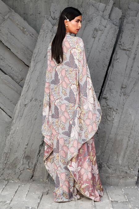 Shop Ranian Pink Silk, Crepe Stones V-neck Vintage Floral Print Fluid Kaftan at Aza Fashions Shop_Ranian_Pink Silk, Crepe Stones V-neck Vintage Floral Print Fluid Kaftan_at_Aza_Fashions