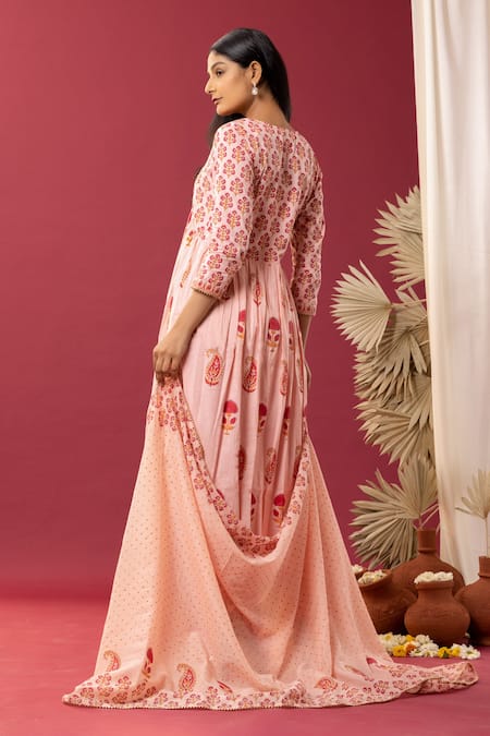 Shop Abbaran Pink Cotton Embroidery V-neck Paisley And Floral Print Anarkali Palazzo Set at Aza Fashions Shop_Abbaran_Pink Cotton Embroidery V-neck Paisley And Floral Print Anarkali Palazzo Set _at_Aza_Fashions