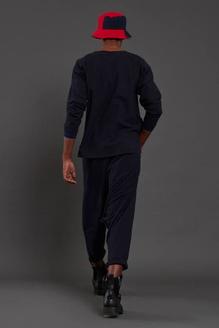 Shop MATI Blue 100% Cotton Plain Drop Crotch Pant at Aza Fashions Shop_MATI_Blue 100% Cotton Plain Drop Crotch Pant_at_Aza_Fashions