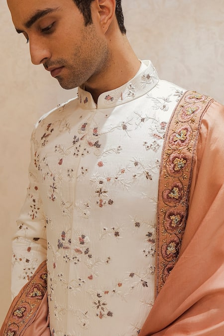 Shop_Jatin Malik_White Linen, Silk Embroidery Zari Sherwani Set _at_Aza_Fashions