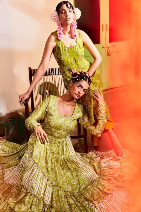 Shop_Mona And Vishu_Green Modal Satin Floral, Cut Dana, Stripe Print, Zari And Resham Tiered Anarkali _at_Aza_Fashions