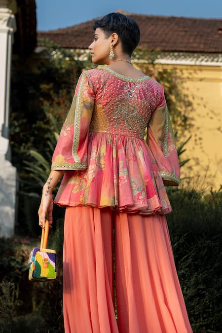 Shop_Paulmi And Harsh_Multi Color Cotton, Silk, Georgette Naksha Floral Print Peplum And Palazzo Set _at_Aza_Fashions