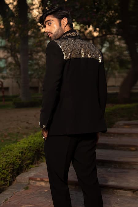 Shop_Soniya G_Black Crepe Metallic Thread Embellished Tuxedo Pant Set _at_Aza_Fashions