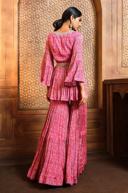 Shop Aneesh Agarwaal Pink Chiffon, Linen Embroidery, Bell Sleeve Persian Print Tunic Sharara Set at Aza Fashions Shop_Aneesh Agarwaal_Pink Chiffon, Linen Embroidery, Bell Sleeve Persian Print Tunic Sharara Set _at_Aza_Fashions