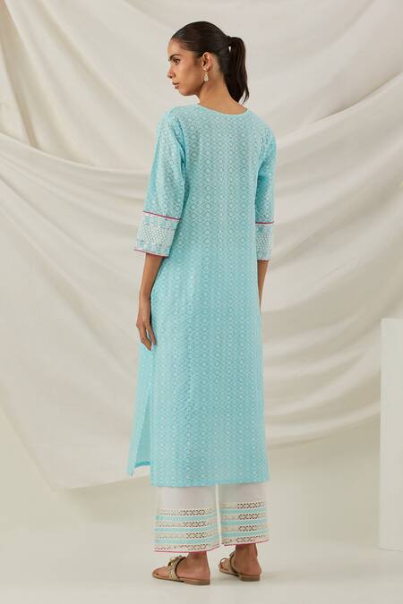 Shop The Indian Cause Blue Cotton Sequins, Embroidery Round Geometric Chikankari Kurta With Palazzo at Aza Fashions Shop_The Indian Cause_Blue Cotton Sequins, Embroidery Round Geometric Chikankari Kurta With Palazzo_at_Aza_Fashions