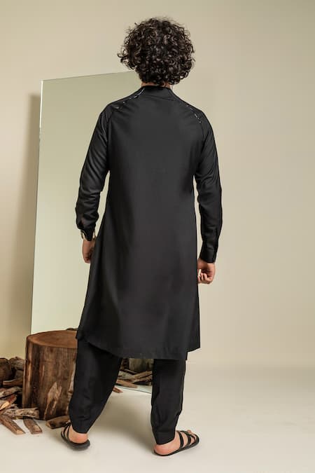 Shop_Abkasa_Black Terrycloth Beads Hand Embroidered Kurta And Trouser Set _at_Aza_Fashions