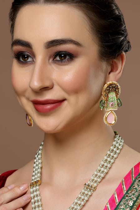 Shop Dugran By Dugristyle Green Pearls, Stones Crescent Embellished Earrings at Aza Fashions Shop_Dugran By Dugristyle_Green Pearls, Stones Crescent Embellished Earrings _at_Aza_Fashions