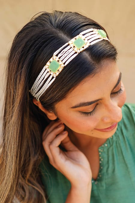 Shop Hair Drama CO Gold Polkis Floral Enamelled And Embellished Hair Band at Aza Fashions Shop_Hair Drama CO_Gold Polkis Floral Enamelled And Embellished Hair Band _at_Aza_Fashions