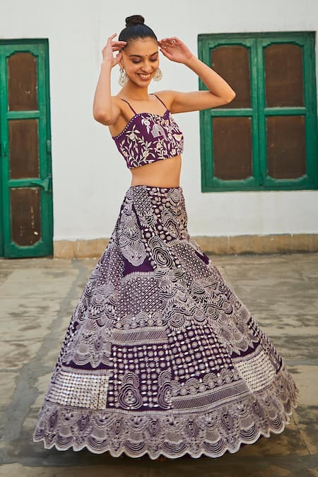 Shop_Twenty Nine_Purple Crepe Hand Embroidered Mirror Lehenga _at_Aza_Fashions