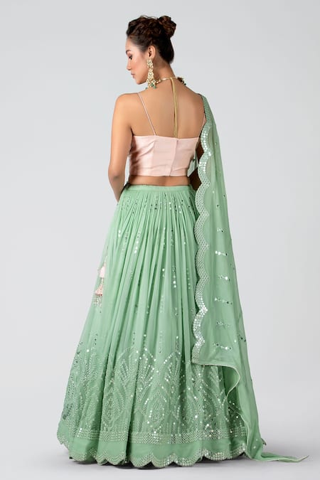 Shop_Suruchi Parakh_Green Georgette, Tussar Silk Mirror Work, Sequin Embroidered Lehenga Set _at_Aza_Fashions